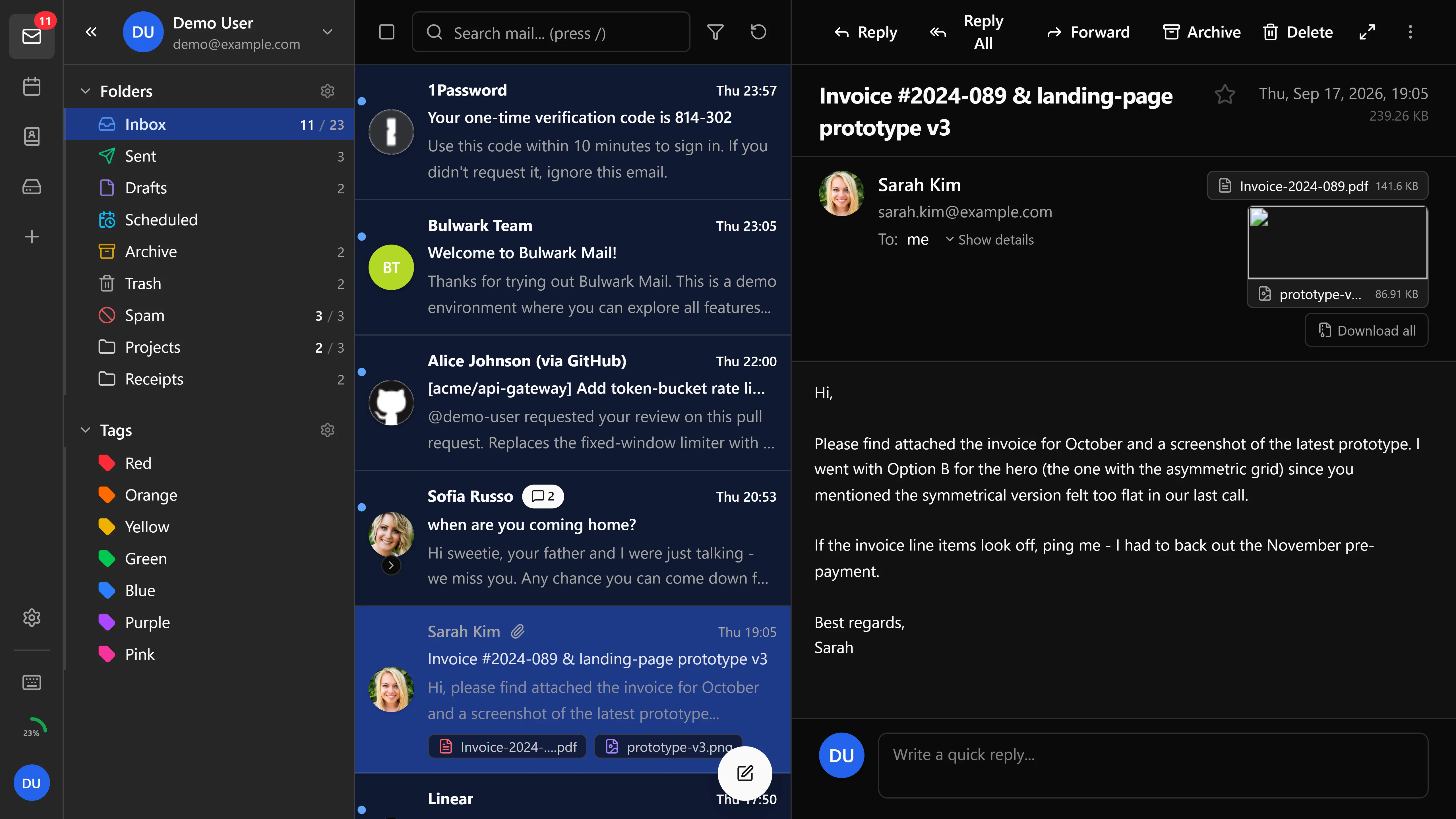 Bulwark Webmail Inbox (Dark Mode)